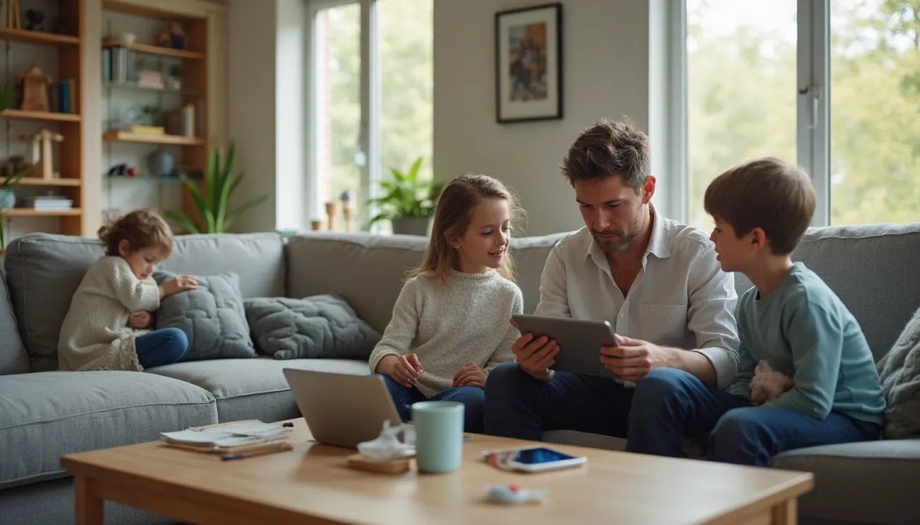 Parent and children sitting on a couch discussing digital device use in a cozy living room setting.